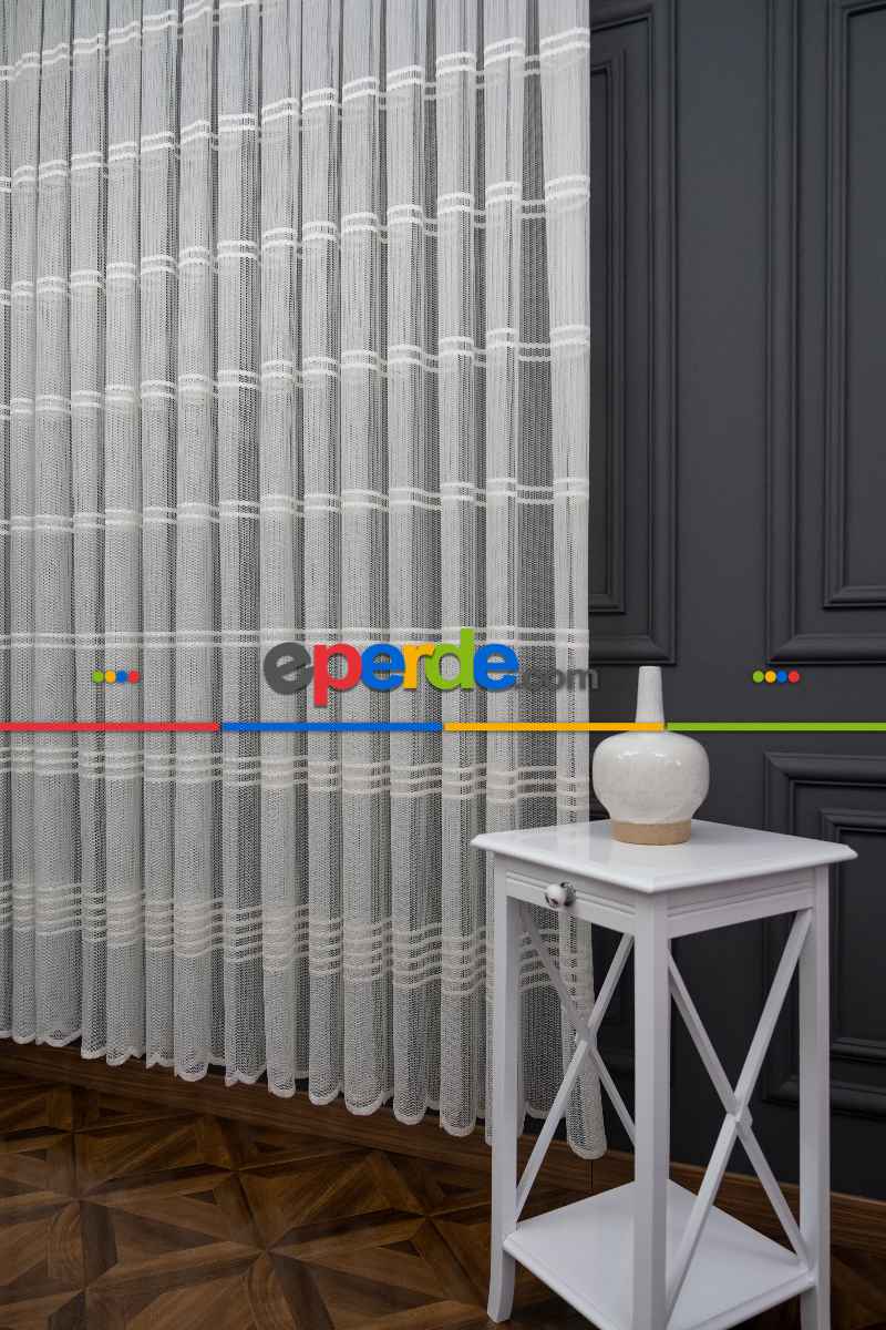 Yatak Odası - Clara Enine Bantlı Örme Tül Perde - Ekru -( Ütü İstemez )