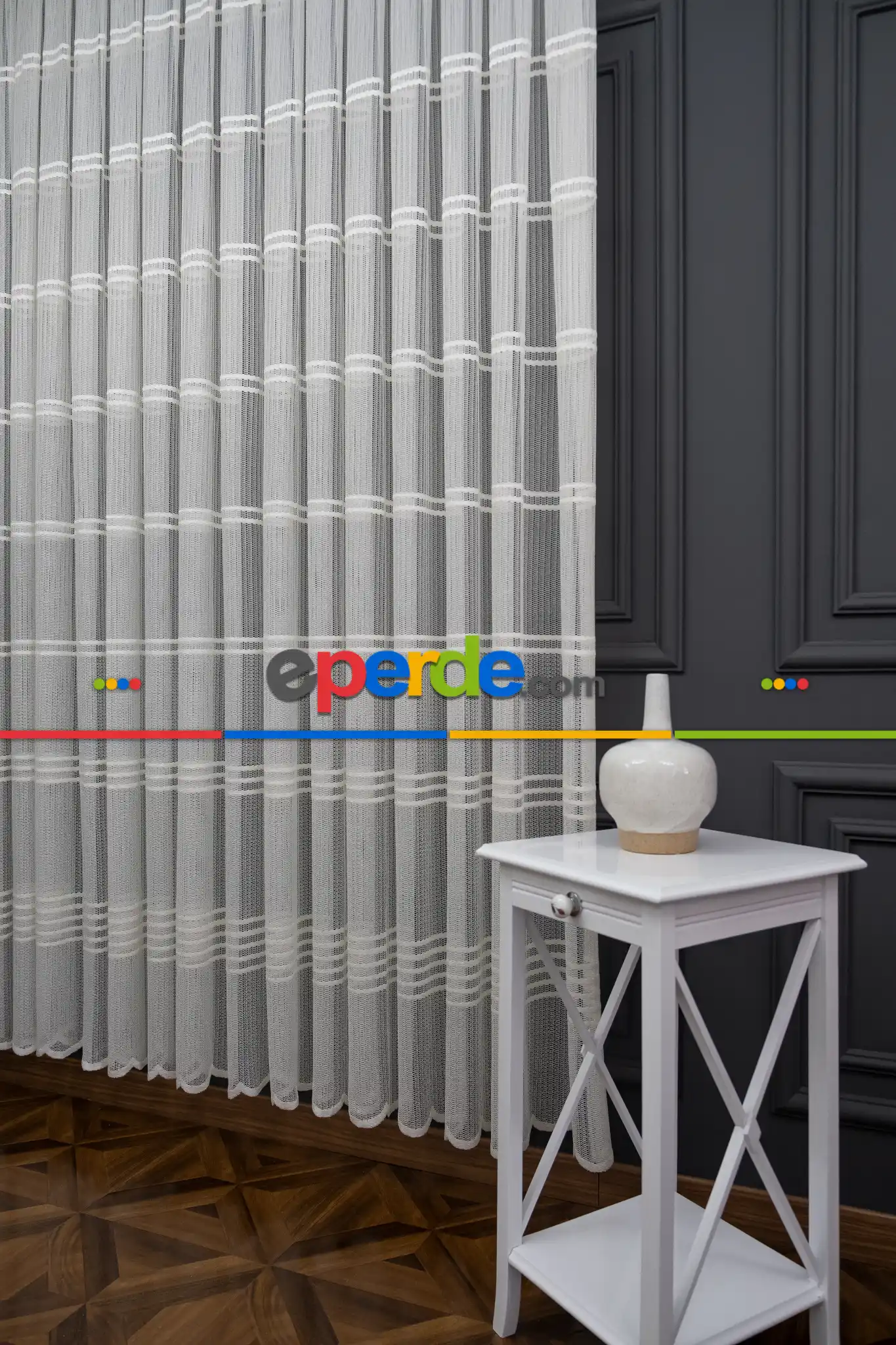 Yatak Odası - Clara Enine Bantlı Örme Tül Perde - Ekru -( Ütü İstemez )