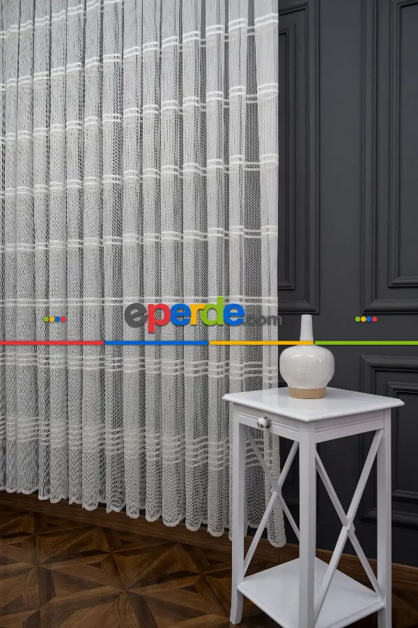 Yatak Odası - Clara Enine Bantlı Örme Tül Perde - Ekru -( Ütü İstemez )