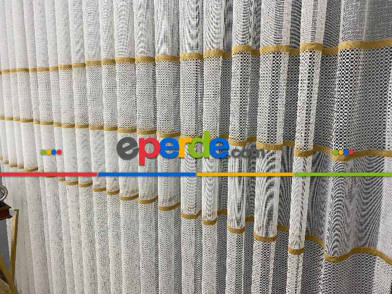 Yatak Odası - Milano Gold Altın Ara Bantlı Yeni Tasarım Tül Perde