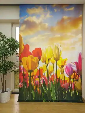 Lale Desenli Modern Fon Perde - Kırmızı Sarı Pembe Mavi-  Çok Renkli 2 160cm X 255cm 