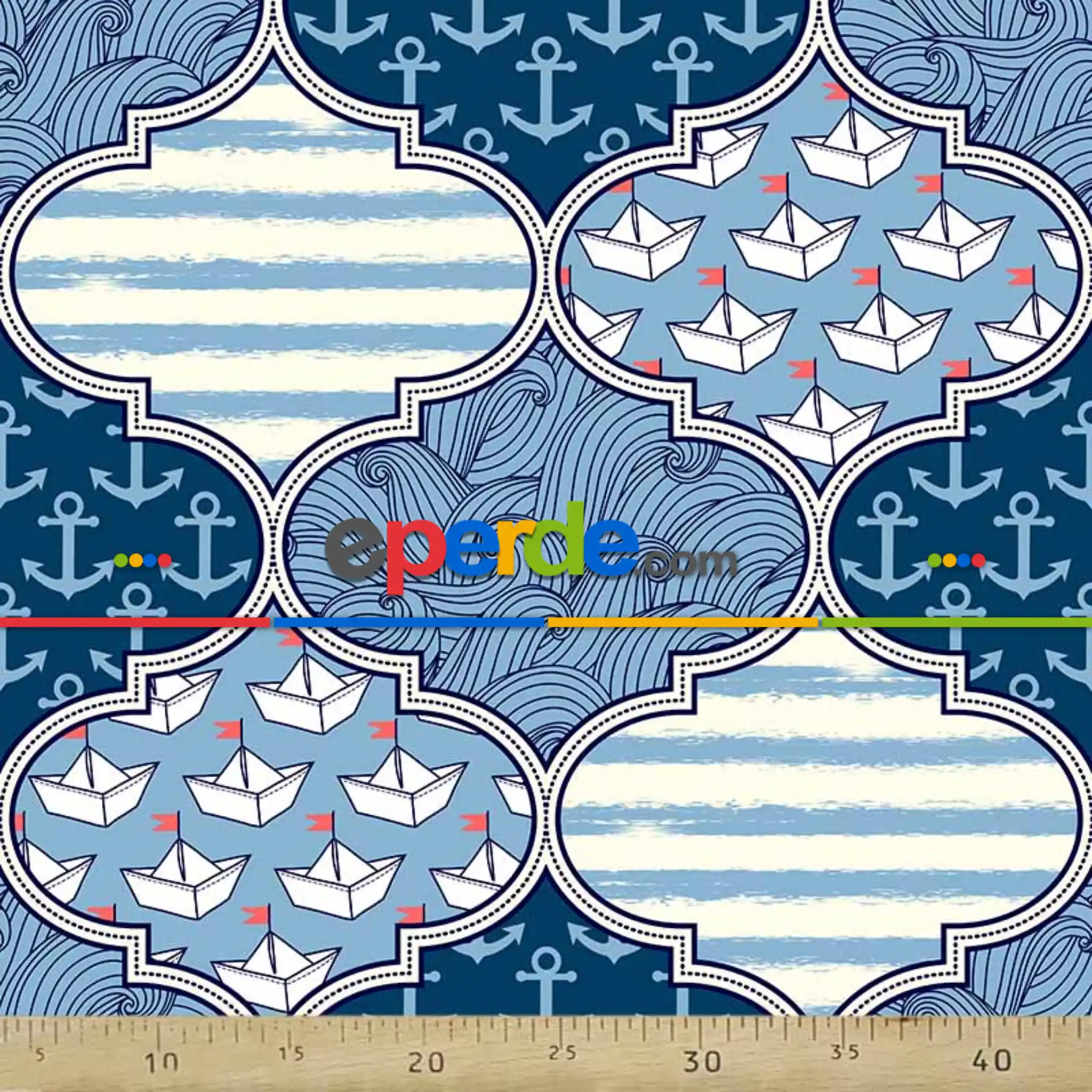 Geometrik Desenli Fon Perde Evm790 Kumaşı Kalındır Duck Bezi Değildir- Mavi-Beyaz