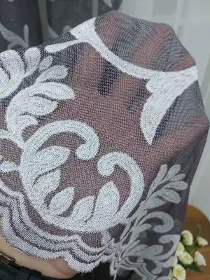 Mor - Gri Desenli Tül Fon Perde - Çift Renkli Dantel Tül- Gri-füme-antrasit-mor