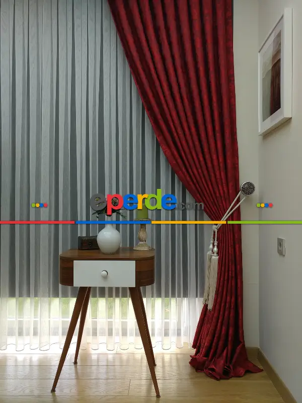 Kırmızı Bordo Renk Jakar Desenli Fon Perde - Bordo