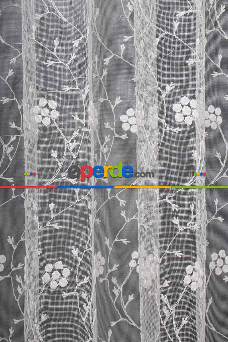 Papatya Brode İşlemeli Tül Perde - Ekru