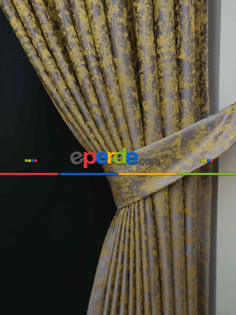 Hardal Antrasit Desenli Jakar Fon Perde - Altın