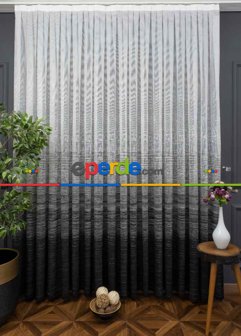 Çizgi Modern Desenli Örme Tül - Siyah ( Degrade Geçişli )