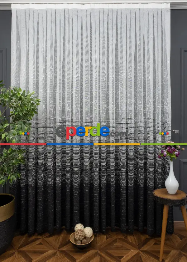 Genç Odası - Çizgi Modern Desenli Örme Tül - Siyah ( Degrade Geçişli )