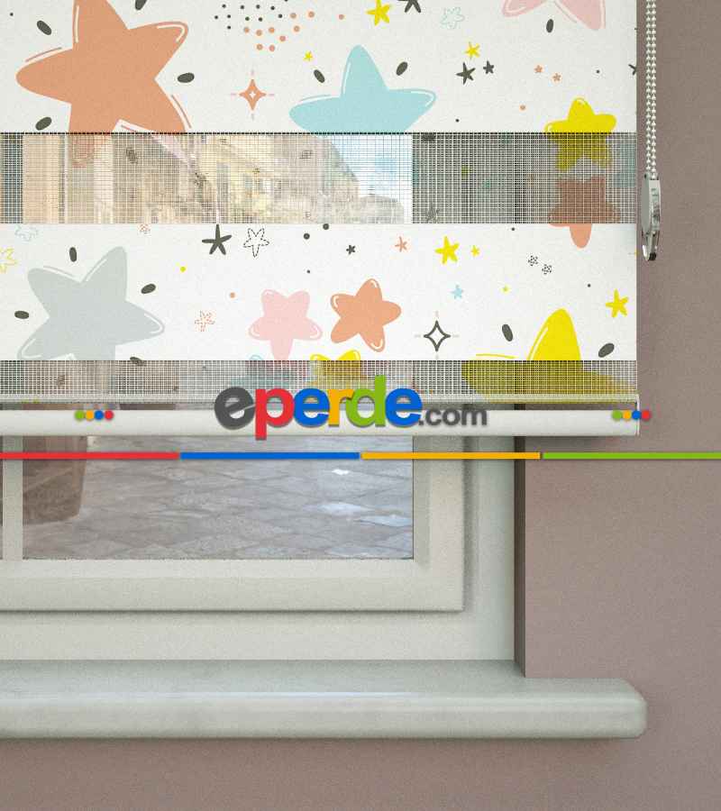 Yıldız Desenli Baskılı Zebra Perde- Çok Renkli