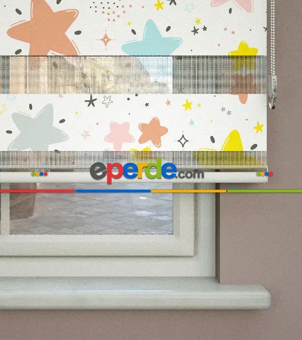 Yıldız Desenli Baskılı Zebra Perde- Çok Renkli