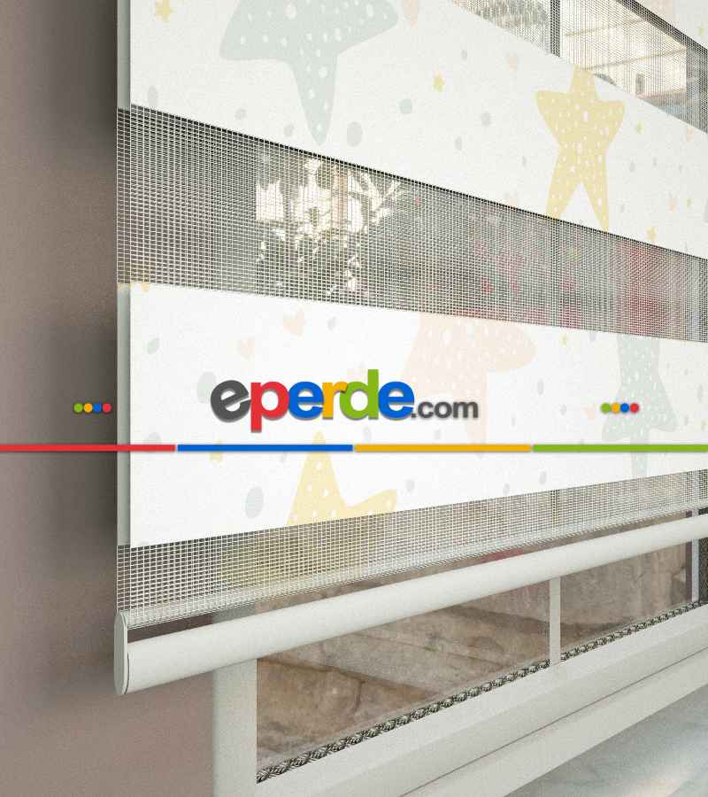 Yıldız Desenli Baskılı Zebra Perde- Çok Renkli