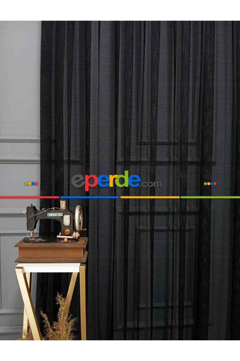 Siyah Renk Fileli Tül Perde Ofis Büro Mutfak Tül Perde