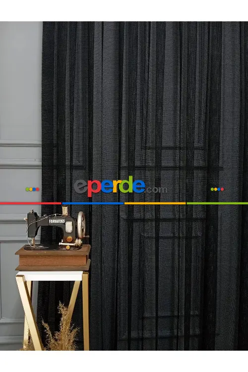 Siyah Renk Fileli Tül Perde Ofis Büro Mutfak Tül Perde