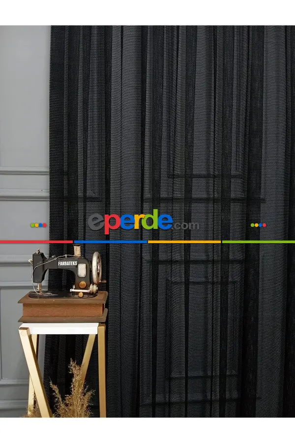 Siyah Renk Fileli Tül Perde Ofis Büro Mutfak Tül Perde