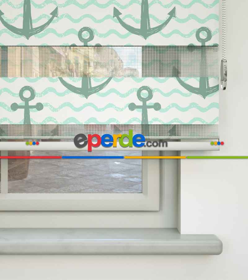 Çapa Baskılı Zebra Perde- Beyaz-su Yeşili