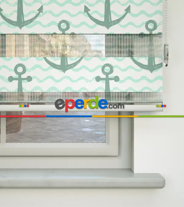 Bebek Odası Zebra Perde - Çapa Baskılı Zebra Perde- Beyaz-Su Yeşili