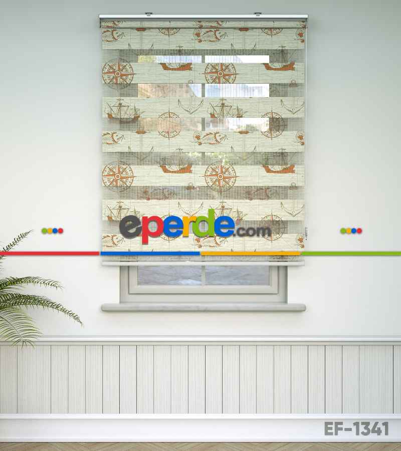Bebek Odası Zebra Perde - Gemi Ve Pusula Desen Baskılı Zebra Perde- Bej-Turuncu