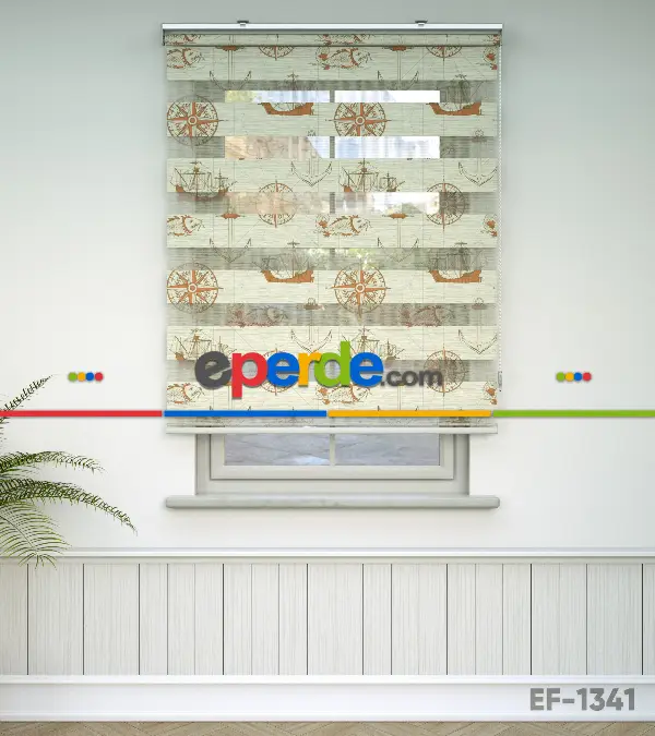 Bebek Odası Zebra Perde - Gemi Ve Pusula Desen Baskılı Zebra Perde- Bej-Turuncu