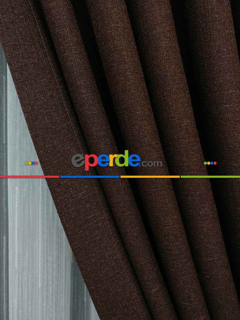 Keten Koyu Kahve Renk Düz Fon Perde- Kahve Koyu