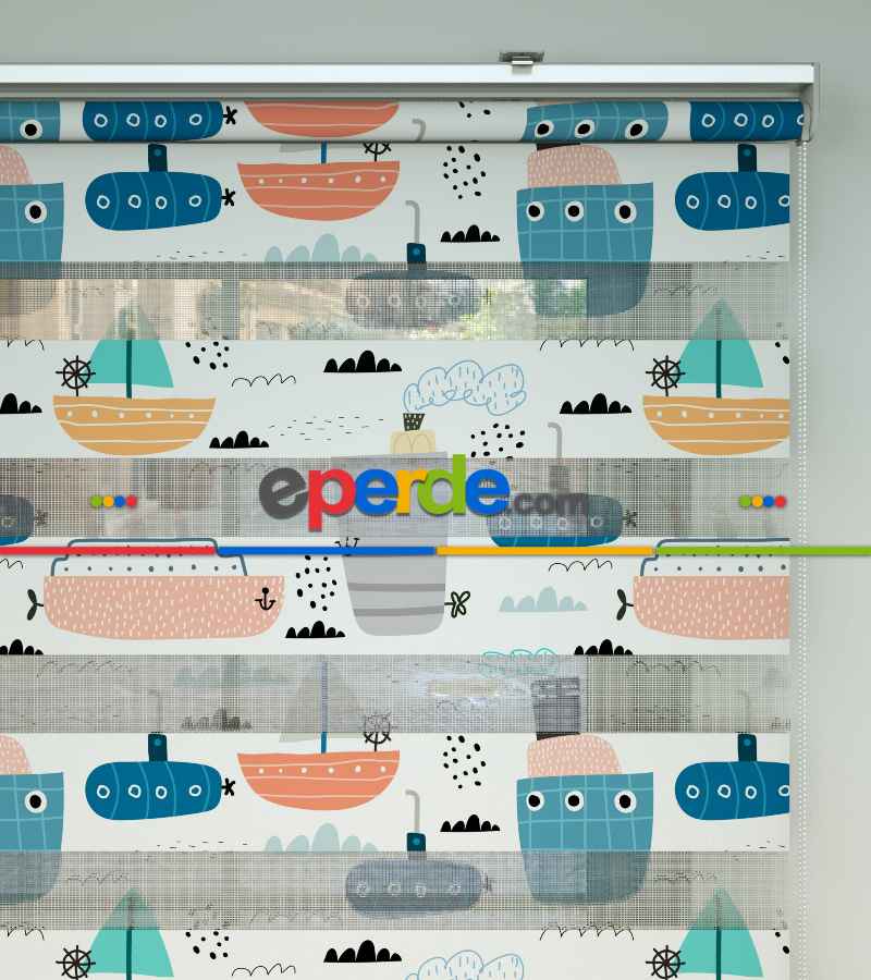 Çocuk Odası Zebra Perde - Gemi Desenli Baskılı Zebra Perde- Çok Renkli