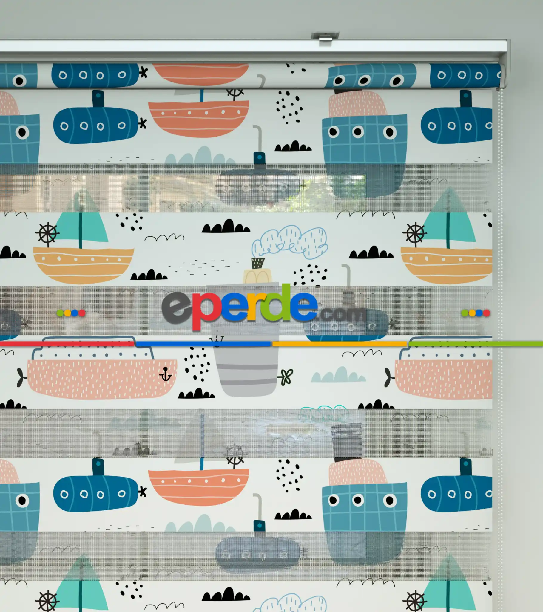 Bebek Odası Zebra Perde - Gemi Desenli Baskılı Zebra Perde- Çok Renkli