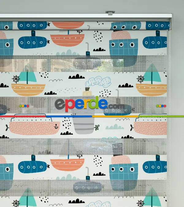 Bebek Odası Zebra Perde - Gemi Desenli Baskılı Zebra Perde- Çok Renkli