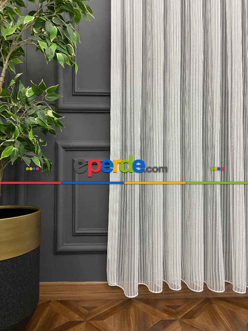 Zincir Tül Boyuna Çift Çizgili Sakallı Tül- Ekru - Kurşunlu Tül