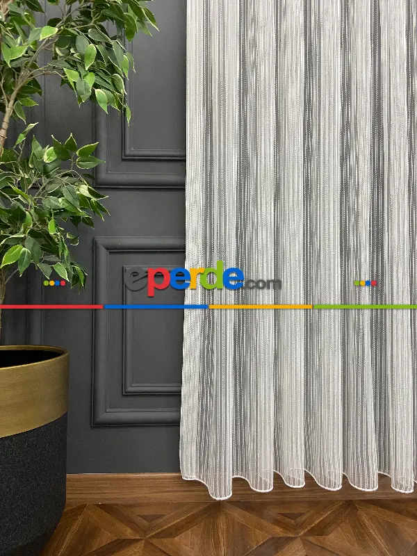 Yatak Odası - Zincir Tül Boyuna Çift Çizgili Sakallı Tül- Ekru