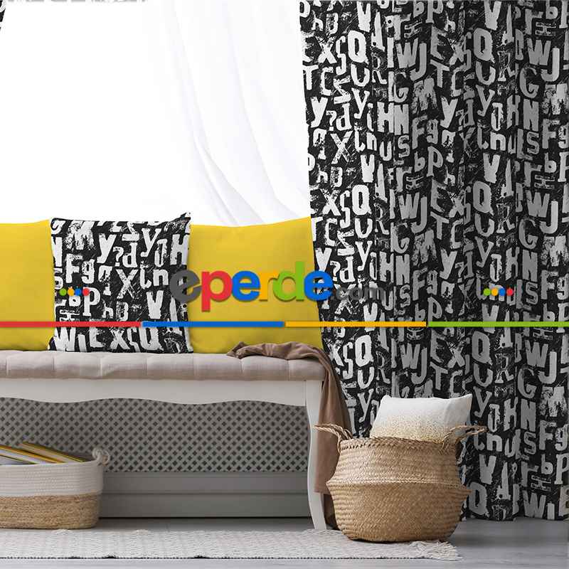 Genç Odası - Geometrik Desenli Fon Perde Evim932 Kumaşı Kalındır Duck Bezi Değildir- Mavi-beyaz