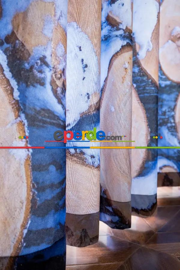 Hazır Ölçülü Dökümlü Kumaştan Kış Ve Odun Baskılı Pilesiz Fon Perde 1. Kalite