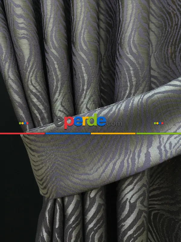 Dikiş Fiyata Dahildir - Mor Dalga Desenli Jakar Fon Perde- Mor