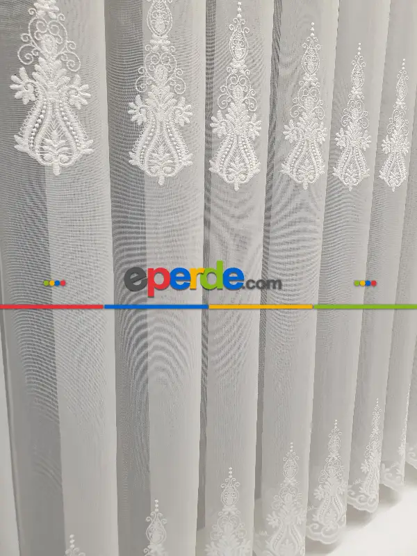 Desenli Tül Perde - Nakışlı Damask Desenli Tül - Salon Tül