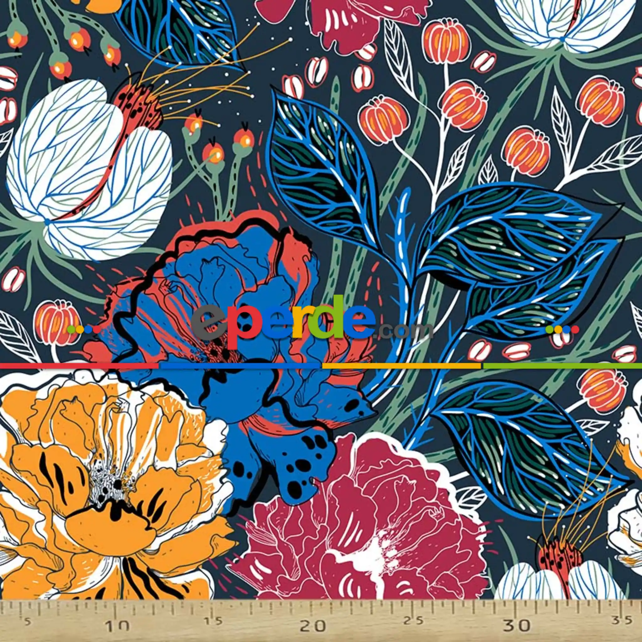 Mavi Çiçek Desenli Fon Perde Evm611 Kumaşı Kalındır Duck Bezi Değildir- Siyah-Mavi-Sarı-Beyaz-Pembe