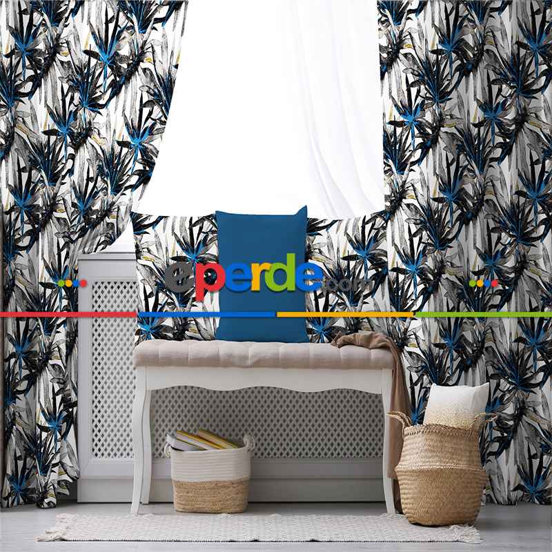 Lacivert Tropik Desenli Fon Perde Evim738 Kumaşı Kalındır Duck Bezi Değildir- Mavi-beyaz