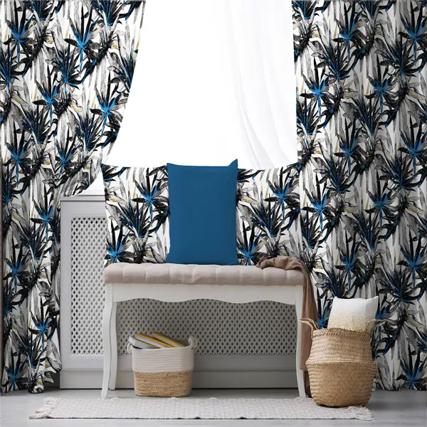 Lacivert Tropik Desenli Fon Perde Evim738 Kumaşı Kalındır Duck Bezi Değildir- Mavi-beyaz