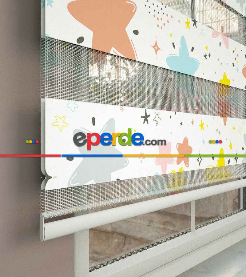 Yıldız Desenli Baskılı Zebra Perde- Çok Renkli