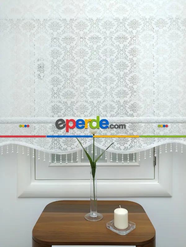 Jakar Örme Tül-alvina 801 Ekru Çiftli Sistem Dantel Desenli Perde- Beyaz