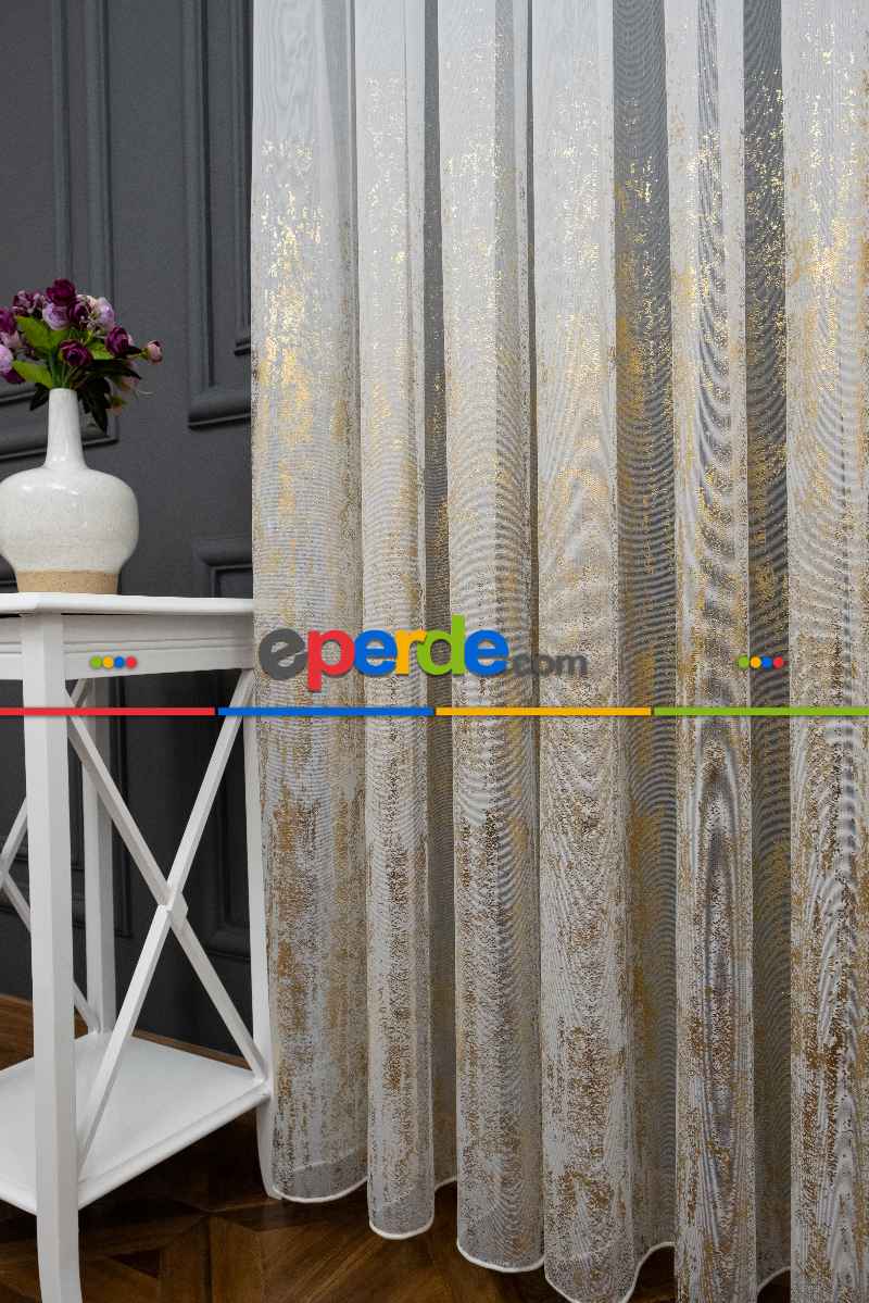 Yatak Odası - Modern Altın Varaklı Keten Tül Perde Yüksek Kalite