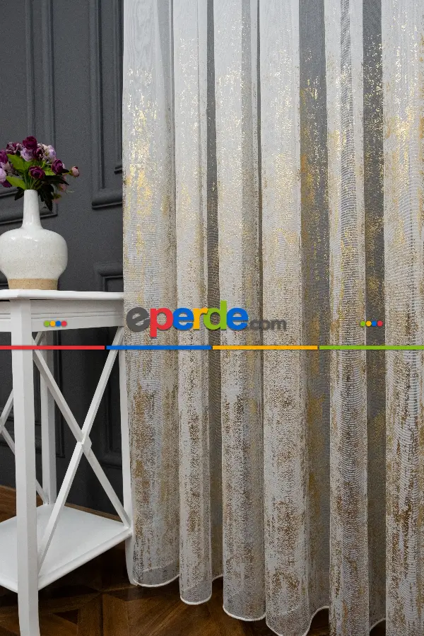 Salon Tül - Modern Altın Varaklı Keten Tül Perde Yüksek Kalite