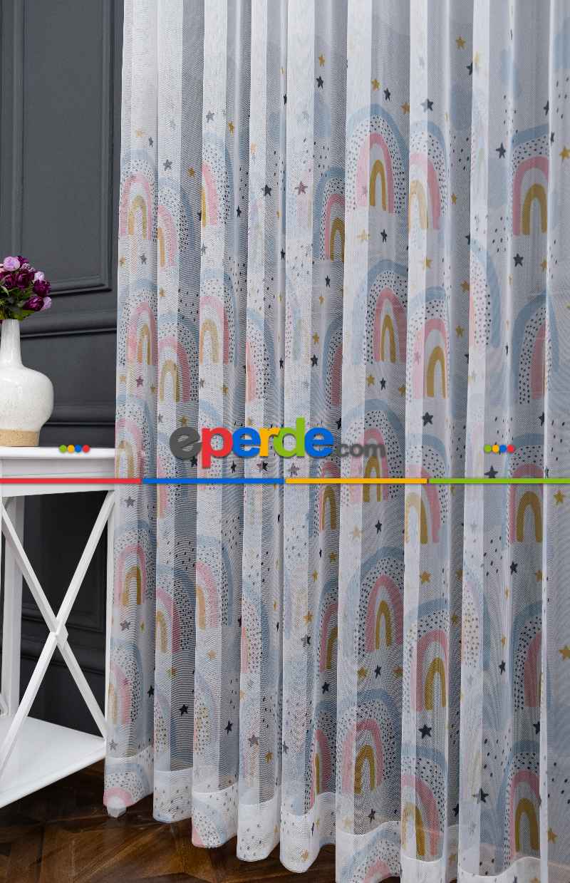 Petek Zemin Mavi Pembe Renkli Gökkuşağı Desenli Grek Baskılı Tül Perde