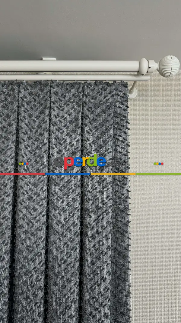 Salon - Ponponlu Gri Jakar Dokuma, Premium Kalite Serisi Fon Perde