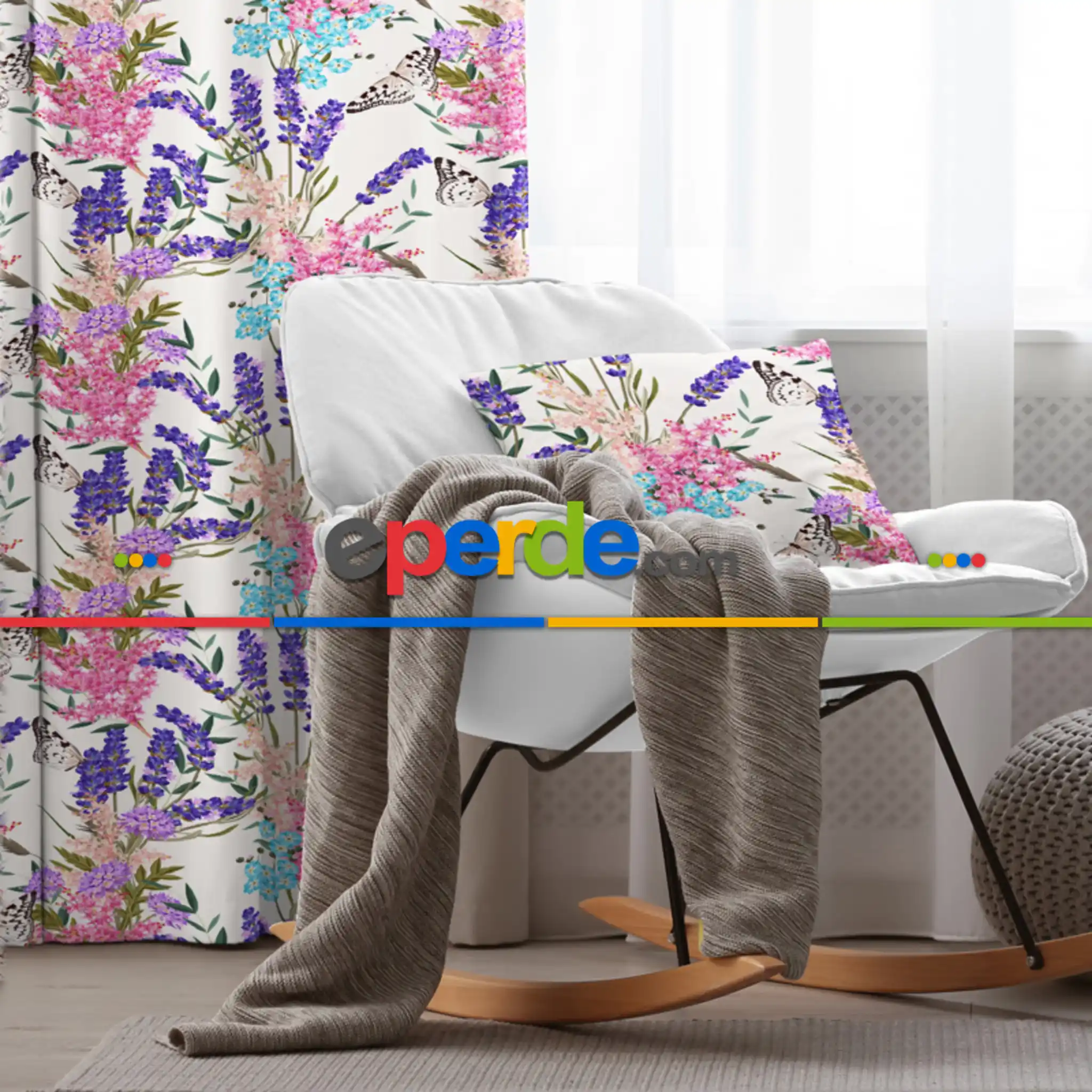 Pembe-mor Çiçek Desenli Fon Perde Evim548 Kumaşı Kalındır Duck Bezi Değildir- Mavi-beyaz