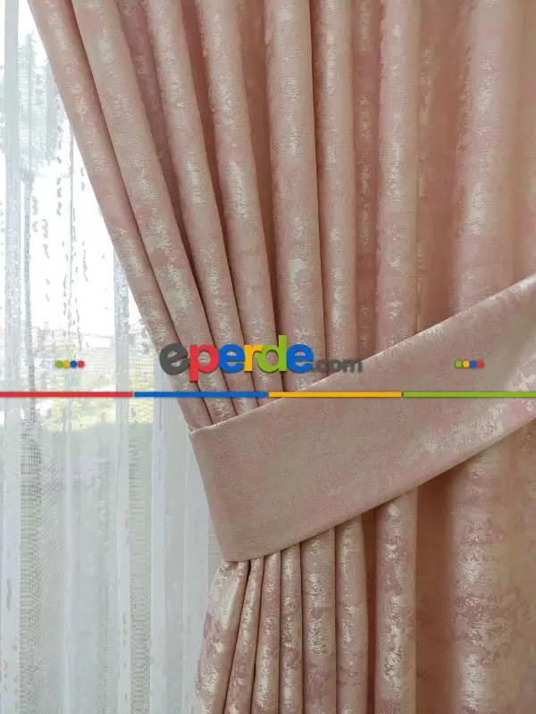 Patinedesenli Pudra - Katyonik Jakar Fon Perde- Pudra