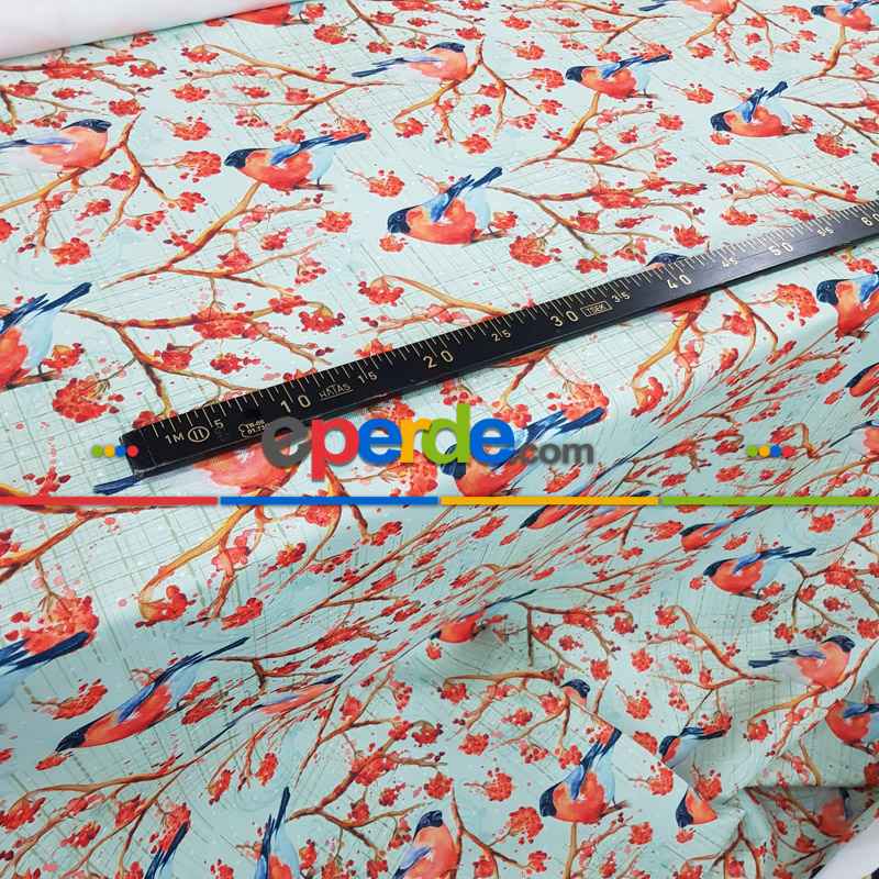 Kuş Ve Çiçek Desenli Fon Perde Evm828 Kumaşı Kalındır Duck Bezi Değildir- Beyaz