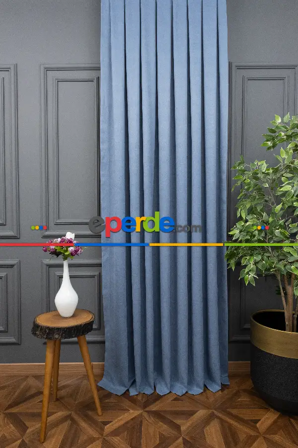 Salon - Mavi Rengi Düz Fon Perde En  Dökümlü Fon Perde