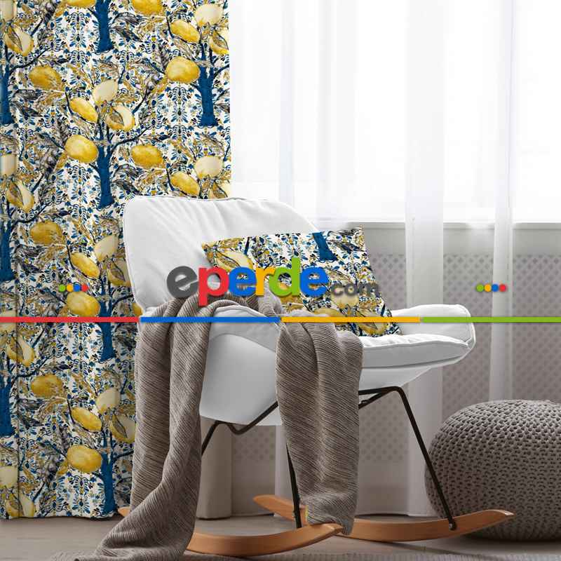 Limon Ağaç Desenli Fon Perde Evim758 Kumaşı Kalındır Duck Bezi Değildir- Mavi-beyaz