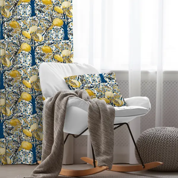 Limon Ağaç Desenli Fon Perde Evim758 Kumaşı Kalındır Duck Bezi Değildir- Mavi-beyaz