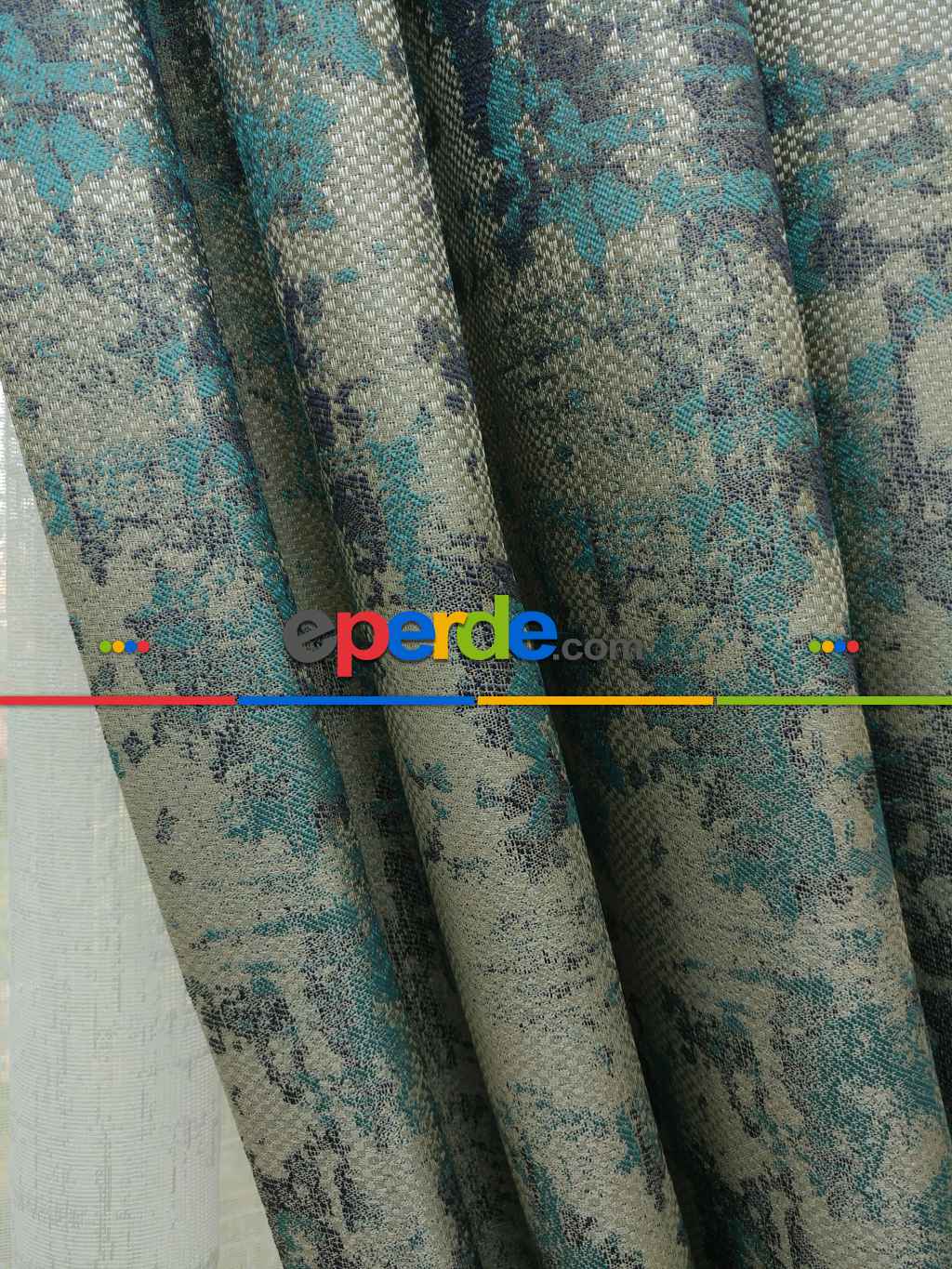 Salon Perdesi - Gri Yeşil Desenli Jakar Fon Perde (180)- Antrasit