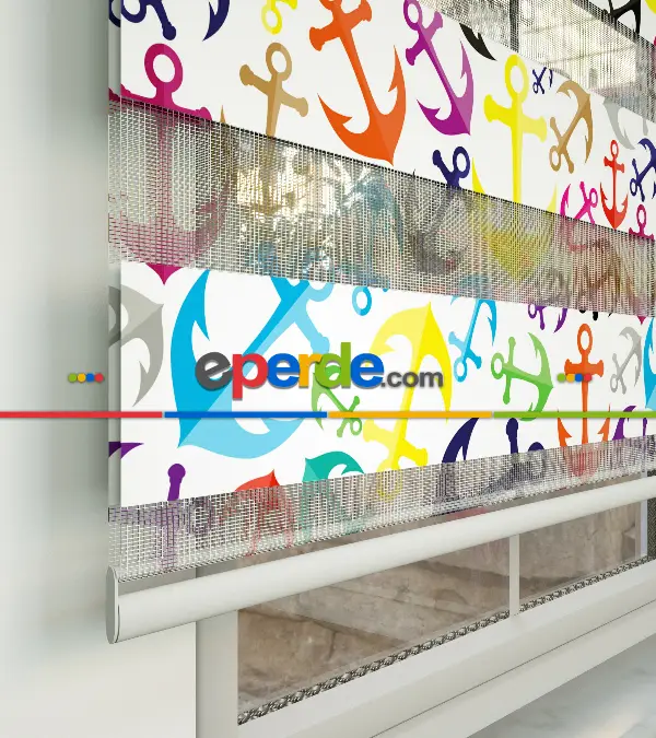 Bebek Odası Zebra Perde - Renkli Çapa Baskılı Zebra Perde- Mavi-Sarı-Beyaz-Turkuaz-Pembe-Su Yeşili