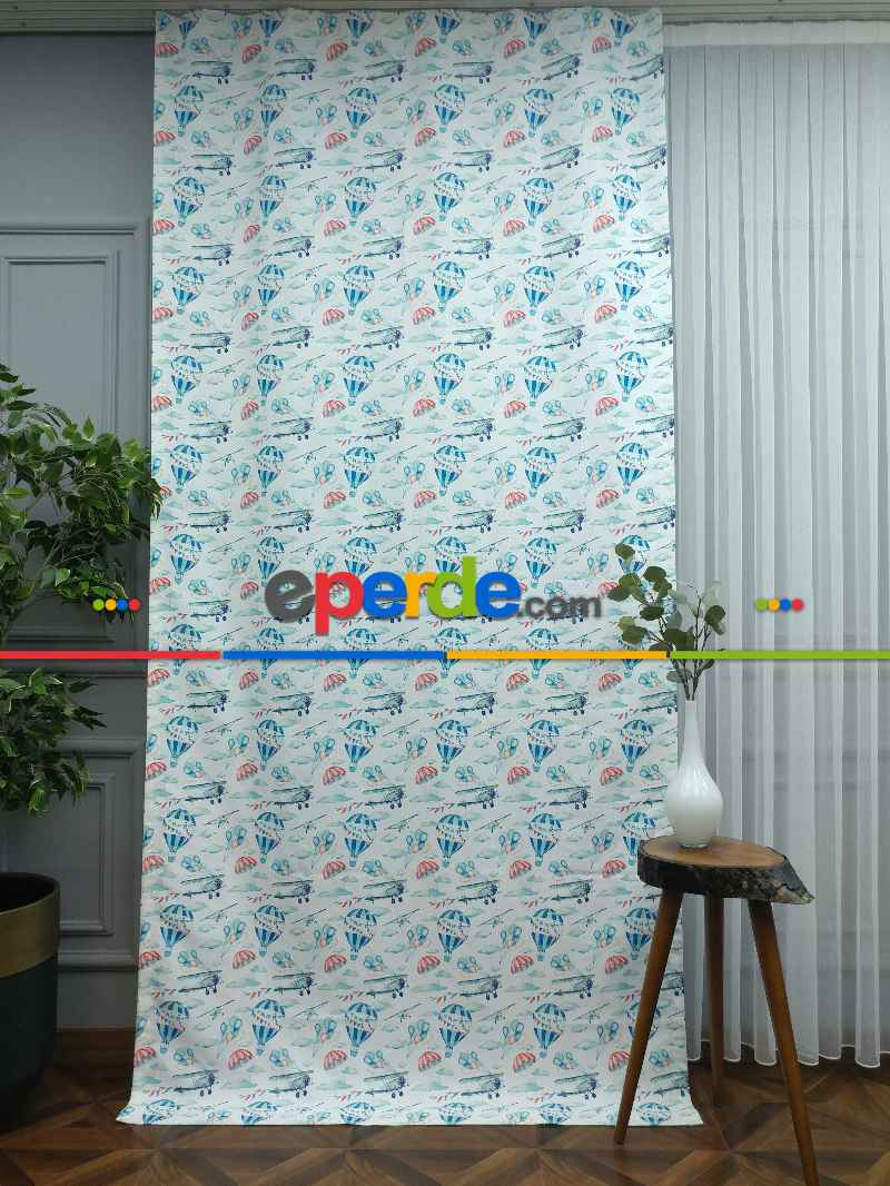 Bebek Odası Fon - Uçak Desenli Fon Perde K679 Kumaşı Kalındır Duck Bezi Değildir.- Mavi